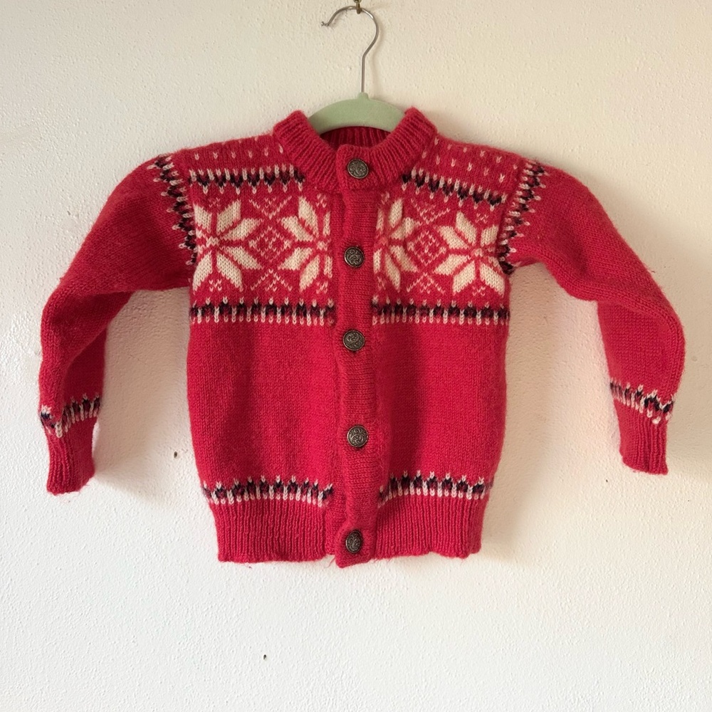 Vintage Dale of Norway Red Wool Fair isle  Snowflake Pattern Kids Cardigan